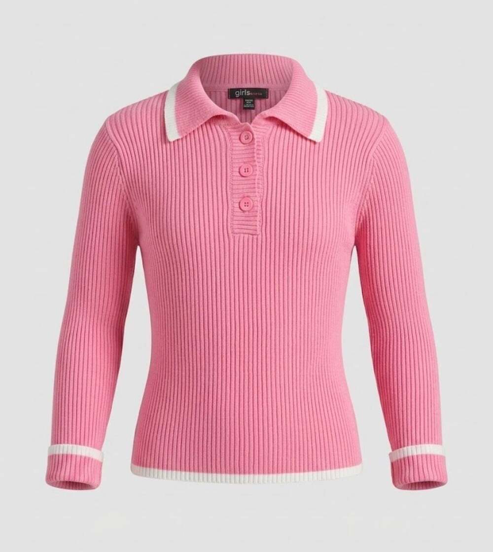 Girls Heart Brand Pink Ribbed Knit Collared Long Sleeve Polo Top
